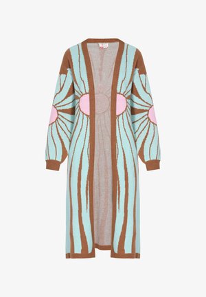 Long cardigan made of soft knit fabric. Features a mint green background with brown and pink abstract patterns, open front, and long sleeves.
