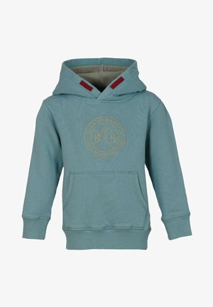 Hooded sweatshirt in light teal, featuring a round golden logo, front pocket, ribbed cuffs, and two red accent tabs on the hood.