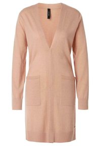 Cardigan à manches longues rose clair, à ouverture frontale, avec deux poches sur le devant et des poignets et ourlet côtelés, fabriqué en tissu tricoté doux.