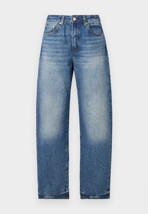 Blaue Jeans aus Denim mit geradem Schnitt, ausgewaschenem Finish, Messingknopf und Fünf-Taschen-Design. Gestickte Details entlang der Nähte und Taschen.