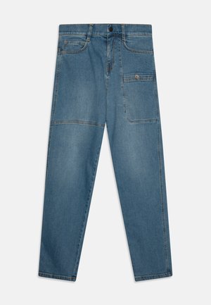 Light blue denim jeans with a straight cut, featuring two front pockets, a back pocket, and contrast stitching along seams.