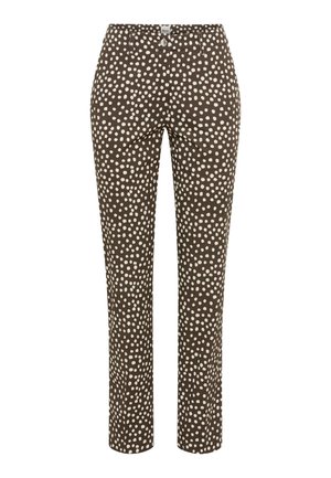 Brown slim-fit pants with irregular white polka dots, front button and zipper closure, and belt loops.