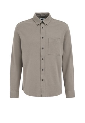 Cămașă cu mâneci lungi, cu nasturi, de culoare gri deschis, confecționată dintr-un material texturat. Dispune de un guler clasic și un buzunar la piept. Nasturi negri.