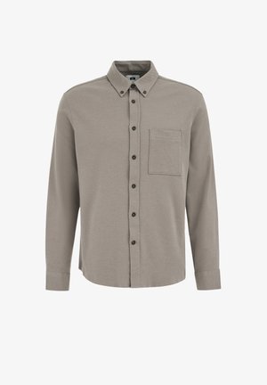 Garām piedurknēm kreklā ar pogām gaiši pelēkā krāsā, izgatavots no teksturēta auduma. Ir klasiskas apkakles apkakle un krūšu kabata. Melni pogas.