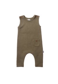 Olivgrüner, gerippter Baumwolloverall mit ärmellosem Design, Holzknopfdetails an den Schultern und einer vorderen Tasche auf der linken Seite.