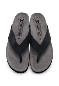 Sandali in pelle nera con design a fascia incrociata e soletta in suede grigia. Presentano perforazioni per la ventilazione e una suola in gomma marrone. Taglia 42.