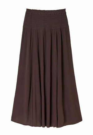 Brown, flowy maxi skirt made of lightweight fabric. Features a smocked waistband with subtle texture and pleated design for movement.