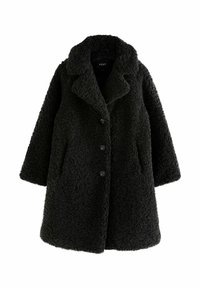 Schwarzer Teddy-Mantel aus strukturiertem, flauschigem Material. Mit einem Reverskragen, vier Knöpfen und Seitentaschen. Mid-Länge, lockere Passform.