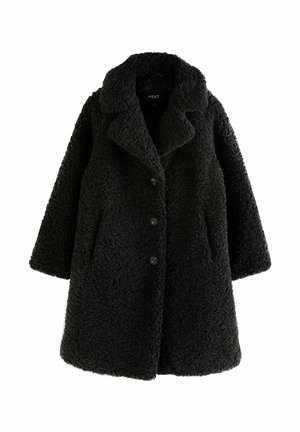 Cappotto teddy nero realizzato in materiale testurizzato e fluffoso. Presenta un colletto a scialle, quattro bottoni e tasche laterali. Lunghezza media, vestibilità comoda.