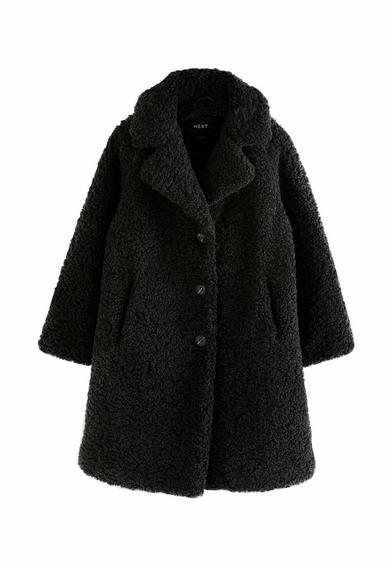 Schwarzer Teddy-Mantel aus strukturiertem, flauschigem Material. Mit einem Reverskragen, vier Knöpfen und Seitentaschen. Mid-Länge, lockere Passform.