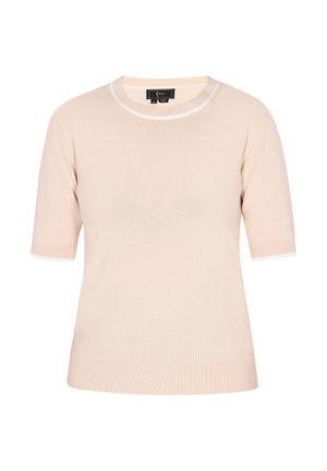 Šviesiai rožinė trumpomis rankovėmis megztinis su apvaliu iškirpimu ir baltais kraštais rankovėse bei apačioje, pagamintas iš minkštos megztos medžiagos.