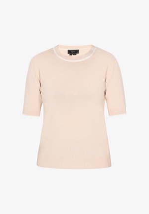 Šviesiai rožinė trumpomis rankovėmis megztinis su apvaliu iškirpimu ir baltais kraštais rankovėse bei apačioje, pagamintas iš minkštos megztos medžiagos.