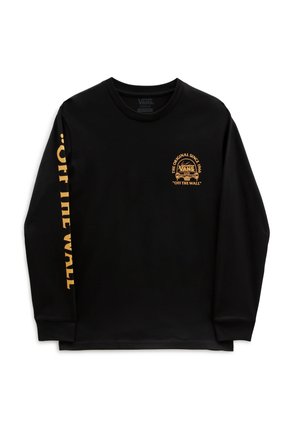 Sort Vans langærmet skjorte med orange "Off The Wall" tekst på venstre ærme og et lille Vans-logo og skateboardgrafik på brystet.