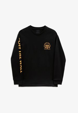 Sort Vans langærmet skjorte med orange "Off The Wall" tekst på venstre ærme og et lille Vans-logo og skateboardgrafik på brystet.