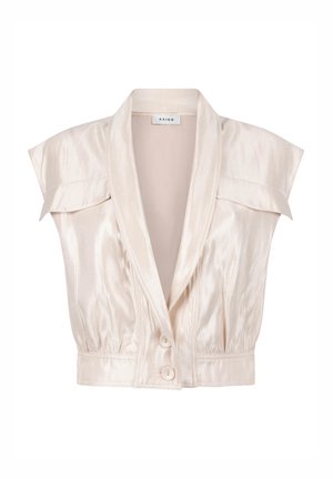 Crèmekleurige satijnen mouwloze blouse met brede revers, twee knopen aan de voorkant en gestructureerde schouderflappen, met label "AAIKO".