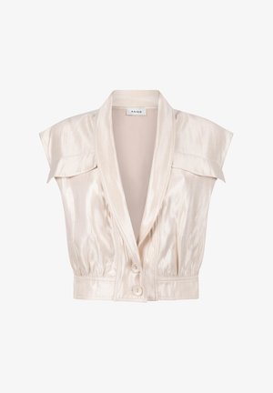 Cremfarbene satinärmelose Bluse mit breiten Revers, zwei vorderen Knöpfen und strukturierten Schulterklappen, mit dem Label „AAIKO“.