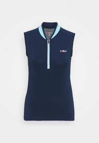 Polo sin mangas de color navy con cuello azul claro y cremallera, con un interior de malla. Logo exhibido en el lado izquierdo del pecho. Textura suave.