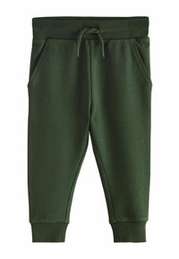 Tmavě zelené tepláky s elastickým pasem, šňůrkou, bočními kapsami a zúženými manžetami. Vyrobené z měkké, pružné látky.