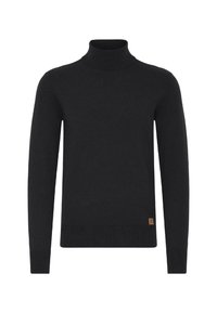 Jersey de cuello alto negro, hecho de tejido de punto suave. Cuenta con mangas largas, un diseño ajustado y un pequeño parche de la marca cerca del dobladillo.