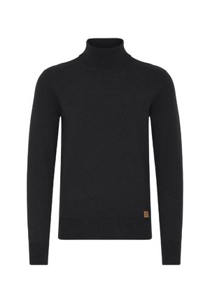 Svart turtleneck genser, laget av myk strikket stoff. Har lange ermer, et tettsittende design og en liten merkelapp nær hemmet.