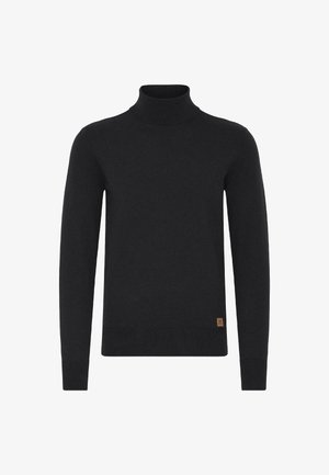 Fekete garbó pulóver, puha kötött anyagból készült. Hosszú ujjak, testhez simuló fazon és egy kis márkás folt található az alsó szegély közelében.