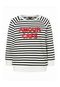 Zwart-wit gestreepte sweater met rode geborduurde tekst "AMOUR CAFÉ." Heeft een ronde halslijn en raglanmouwen. Zacht materiaal.