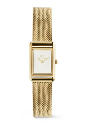 Goudkleurig rechthoekig polshorloge met witte wijzerplaat, gouden mesh band en Daniel Wellington-logo onder de 12 uur, tijd aangegeven op 10:10.