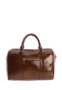  bolso de cuero marrón brillante con dos asas, un bolsillo frontal con cremallera y acentos en tono dorado.