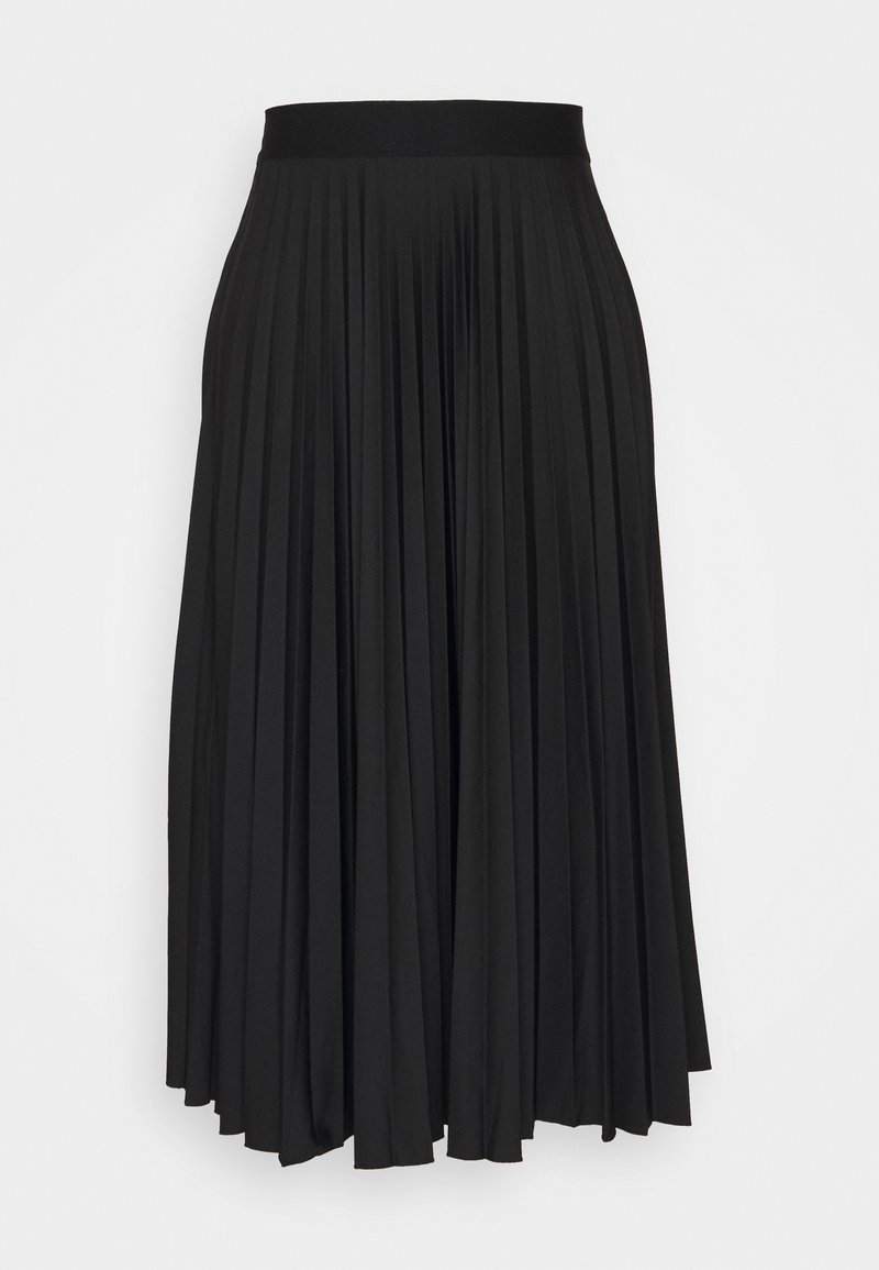 Jupe midi noire plissée avec une taille cintrée, tombant droite et uniformément en plis verticaux.
