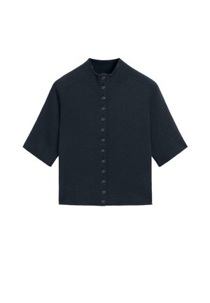 Ciemnogranatowy, dzianinowy kardigan z krótkimi rękawami, wysokim kołnierzem i pionowym rzędem guzików z przodu.