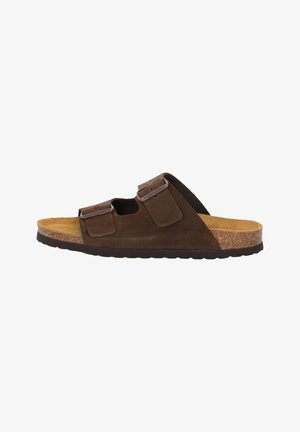 Braune Wildleder-Sandale mit zwei verstellbaren Riemen und einem Korkfußbett. Strukturierte Gummisohle für guten Halt. Offenes Design an der Zehe.