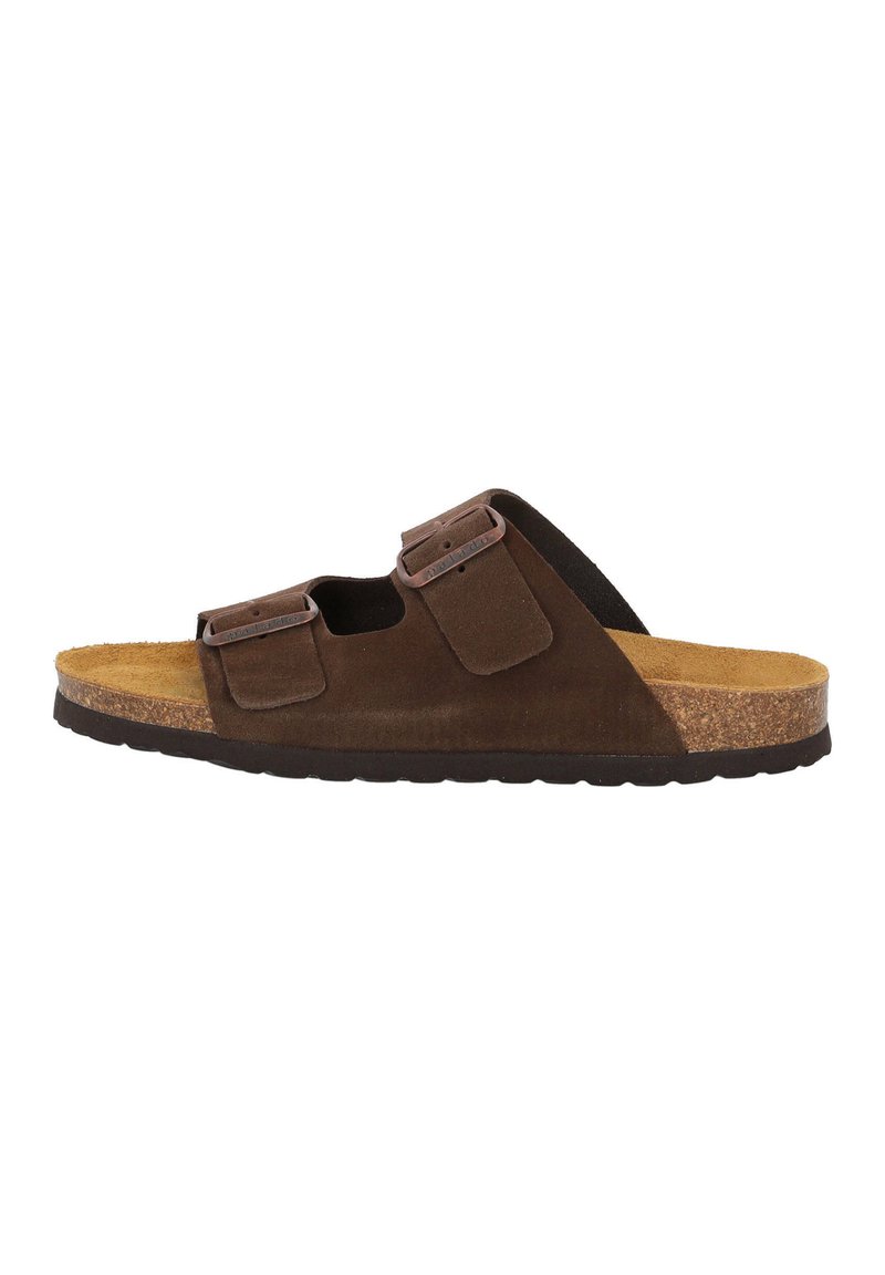 Sandalo aperto in suede marrone con due cinturini regolabili e un sottopiede in sughero. Suola in gomma testurizzata per una buona aderenza.