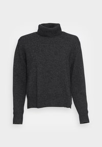 Pull en col roulé gris foncé en tricot texturé. Il possède des manches longues et une coupe décontractée avec des poignets et un ourlet côtelés.