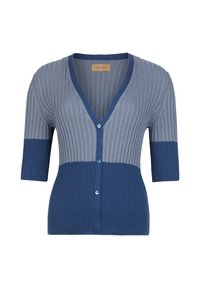 Blå och ljusgrå randig kofta med V-ringning, korta ärmar och knäppning. Texturerad ribbad stickning med en figurnära passform.