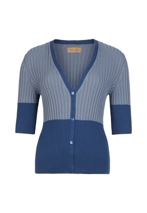 Blå och ljusgrå randig kofta med V-ringning, korta ärmar och knäppning. Texturerad ribbad stickning med en figurnära passform.