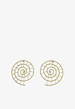 Boucles d'oreilles en spirale dorées, fabriquées avec du fil twisté de manière complexe, présentant un design ouvert avec un motif tourbillonnant et une finition texturée.
