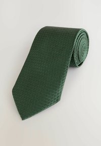 Cravate verte avec un motif texturé, présentant un design roulé. Le matériau a un léger éclat, créant une apparence sophistiquée.