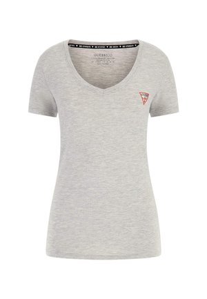Graues T-Shirt mit kurzen Ärmeln und V-Ausschnitt sowie kleinem roten Dreieckslogo auf der linken Brust. Weicher Stoff mit leicht meliertem Muster.