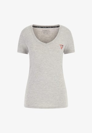 Hallide lühikeste varrukatega hall t-särk V-kaelusega ja vasakus rinnas väikese punase kolmnurga logoga. Pehme kangas, millel on kerge heledus.