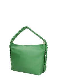 Sac à main en cuir vert avec une bandoulière tressée, texture lisse, forme rectangulaire et fermeture à glissière sur le dessus.