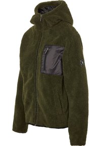 Zielona oliwkowa polarowa kurtka z kapturem, z zamkiem błyskawicznym z przodu i czarną nylonową kieszenią na piersi. Miękka tekstura i lekko oversize'owy krój.