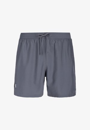 Pantalones cortos deportivos grises hechos de un material ligero, con una cinturilla elástica y cordón ajustable, y bolsillos laterales. Diseño sencillo.