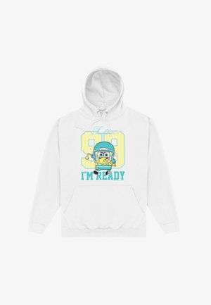 Sweat à capuche blanc avec un personnage de dessin animé portant un casque de football en train de courir, avec les textes "99 Touchdown" et "I'M READY" en bleu sarcelle et jaune.