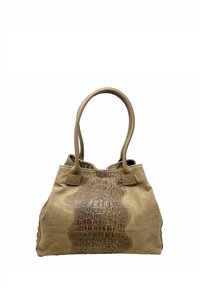 Borsa in suede beige con un motivo a croco texture. Caratterizzata da due manici robusti e dettagli in pelle squadrati. Forma morbida e strutturata.