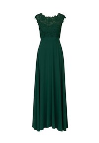 Langes grünes Kleid mit einem Spitzentop mit floralem Muster und kurzen Ärmeln, fließendem Rock aus glattem Stoff und einer taillierten Taille.