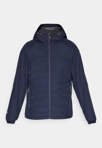 Marinblå, lätt jacka med huva, dragkedjestängning och elastiska ärmslut. Har kontrasterande gröna accenter och en quiltad textur.