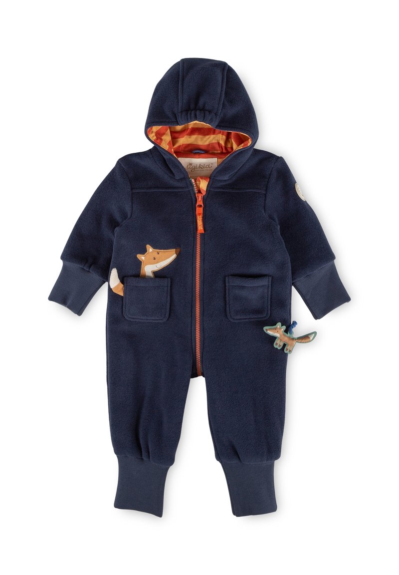 Marineblauer Fleece-Overall mit Kapuze und orangefarbenem Reißverschluss. Verfügt über Fuchs- und Dinosaurier-Applikationen auf den Taschen. Strukturiertes Material mit gerippten Bündchen.