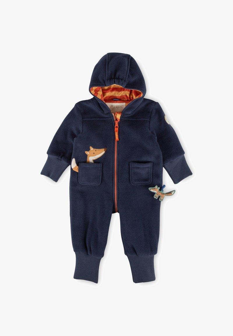 Navy fleece jumpsuit with hood and orange zipper. Features fox and dinosaur appliqués on pockets. Textured fabric with ribbed cuffs.