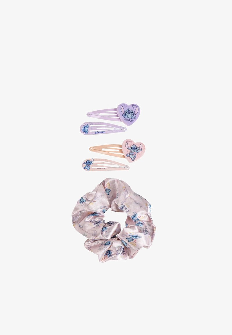 Set di tre fermagli per capelli in viola e rosa con design di Stitch e un elastico in raso coordinato con un motivo multicolore di Stitch.