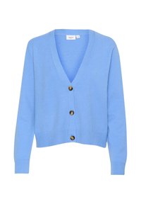 Cardigan bleu deschis dintr-un material moale, cu un decolteu adânc în V, mâneci lungi și cinci nasturi maronii pe față.